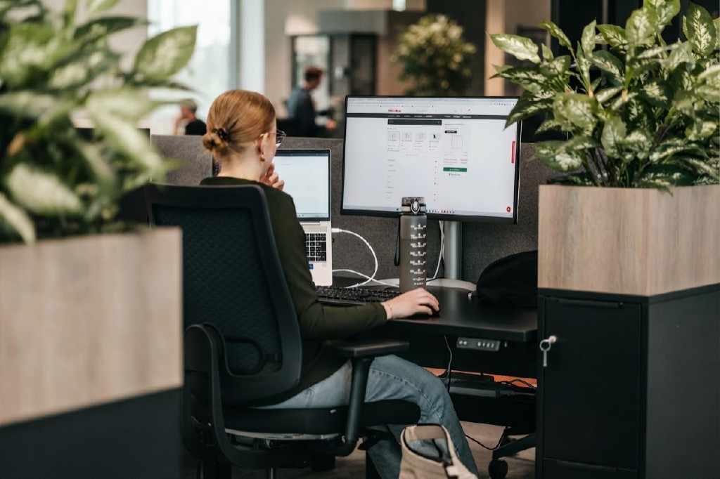 Team member working at a desk between indoor plants in the Provix office