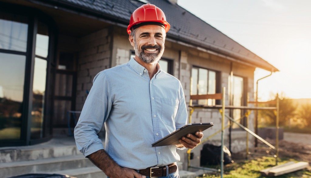 Friendly construction professional in a red hard hat holding a tablet on a building site with new window frames